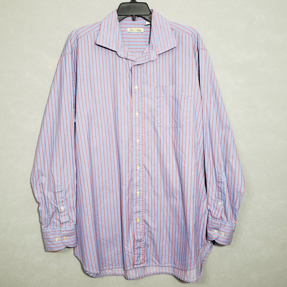 Peter Millar Mens L Button Front Shirt Blue Red Striped Cotton Long Sleeve
